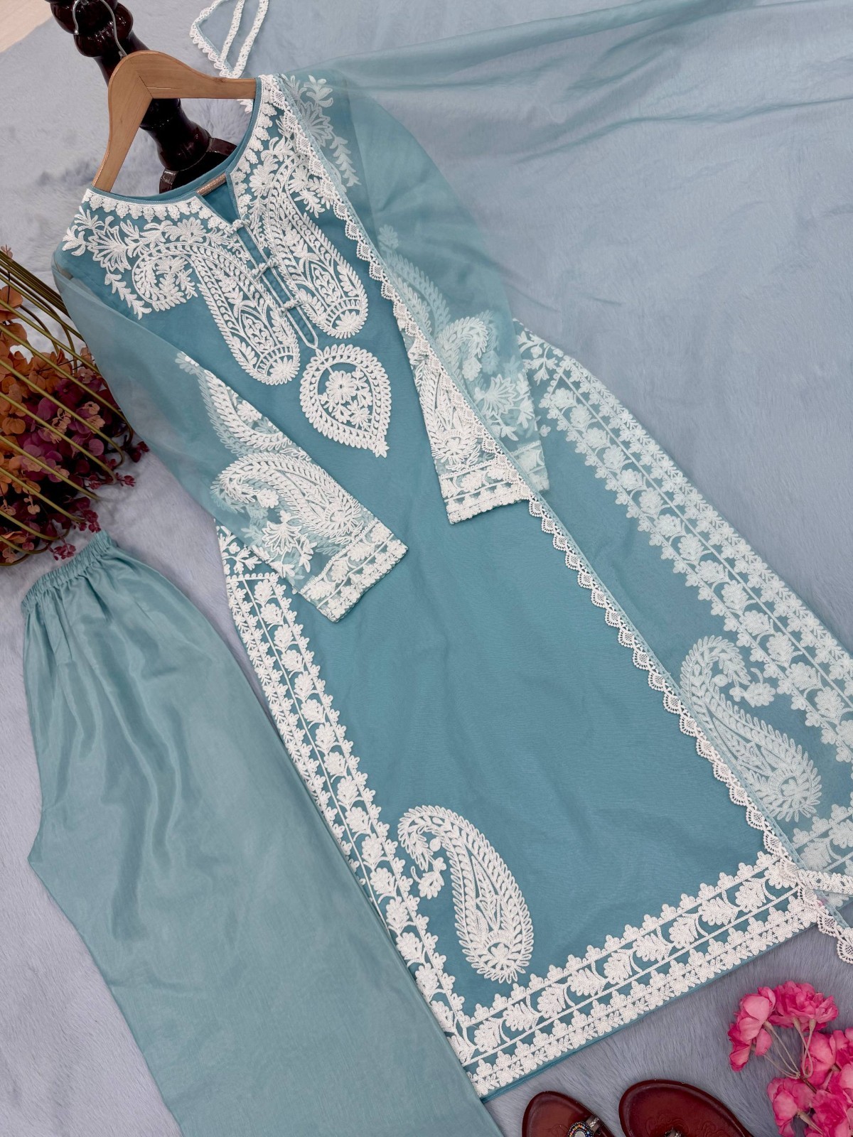 Organza Silk Sky Blue Kurta Palazzo With Dupatta For Indian Ethnic Wear