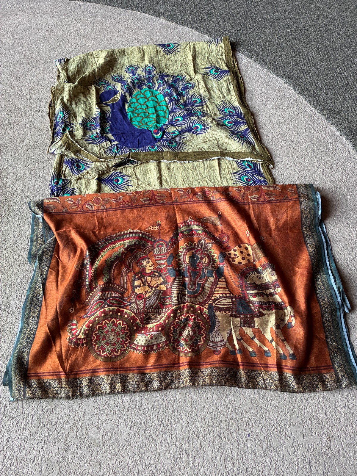 Cotton Peacock Sari and Krishna/Arjuna Cotton Blend Sari
