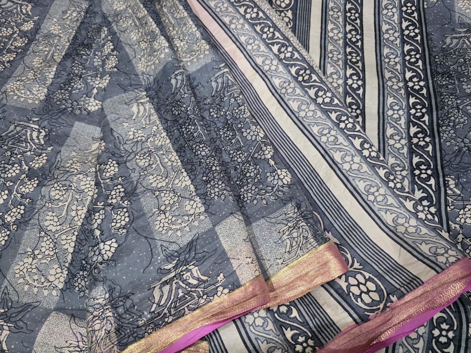Vintage Silk Saree, 100% Pure Silk Fabric, 5 Yards Ethnic Indian Printed Sari
