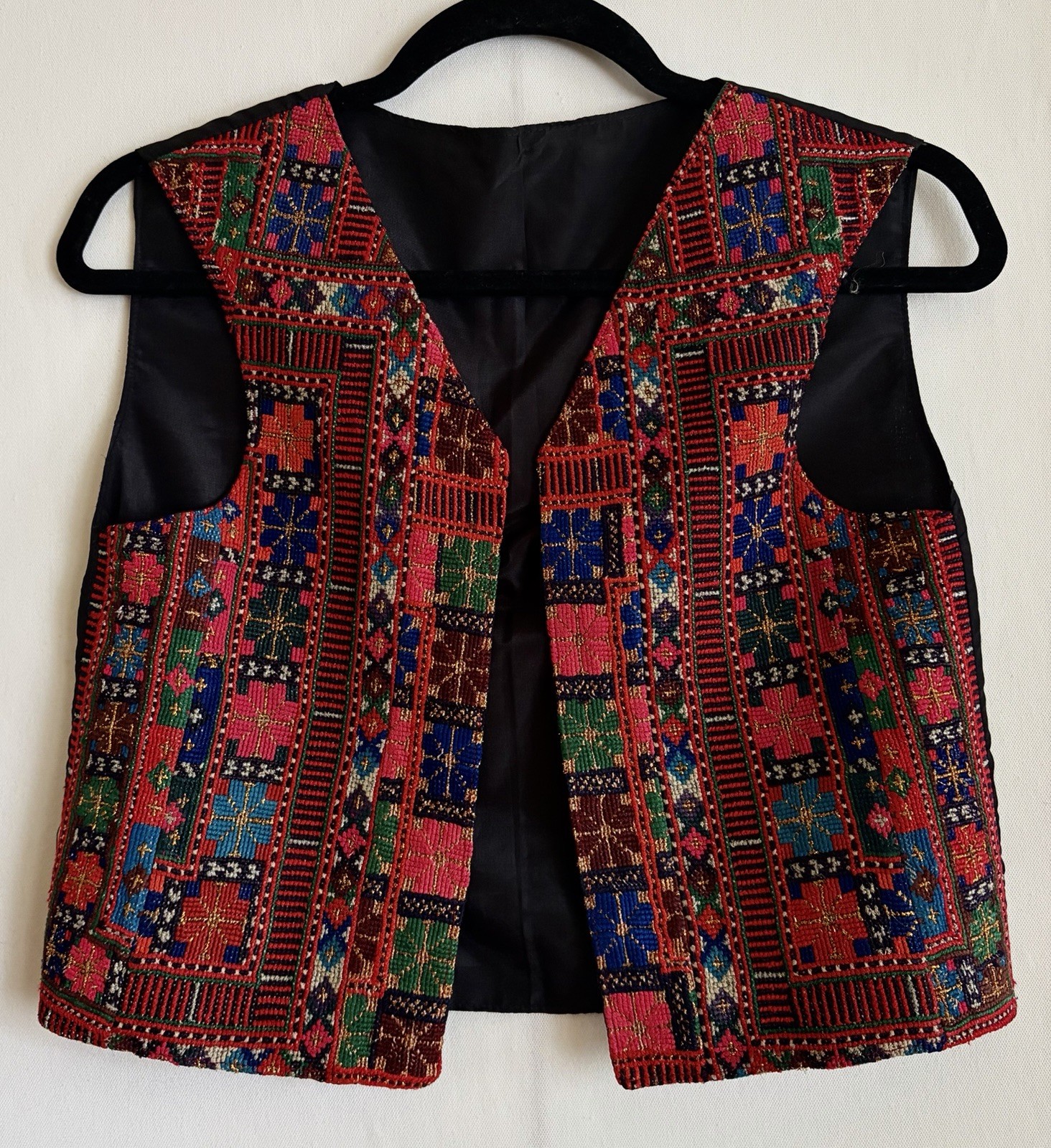 Womens Open Front Colorful Vest Middle Eastern Hand Cross Stitch Embroidery Sz S