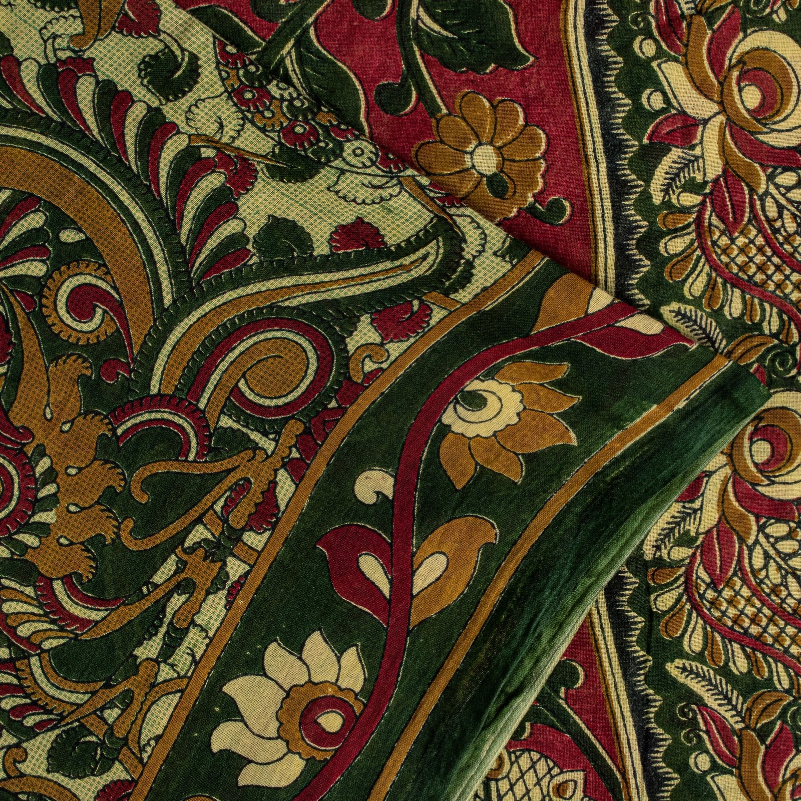 Sanskriti Vintage Cream Saree Pure Cotton Hand Block Kalamakari Peacock Sari 5.5