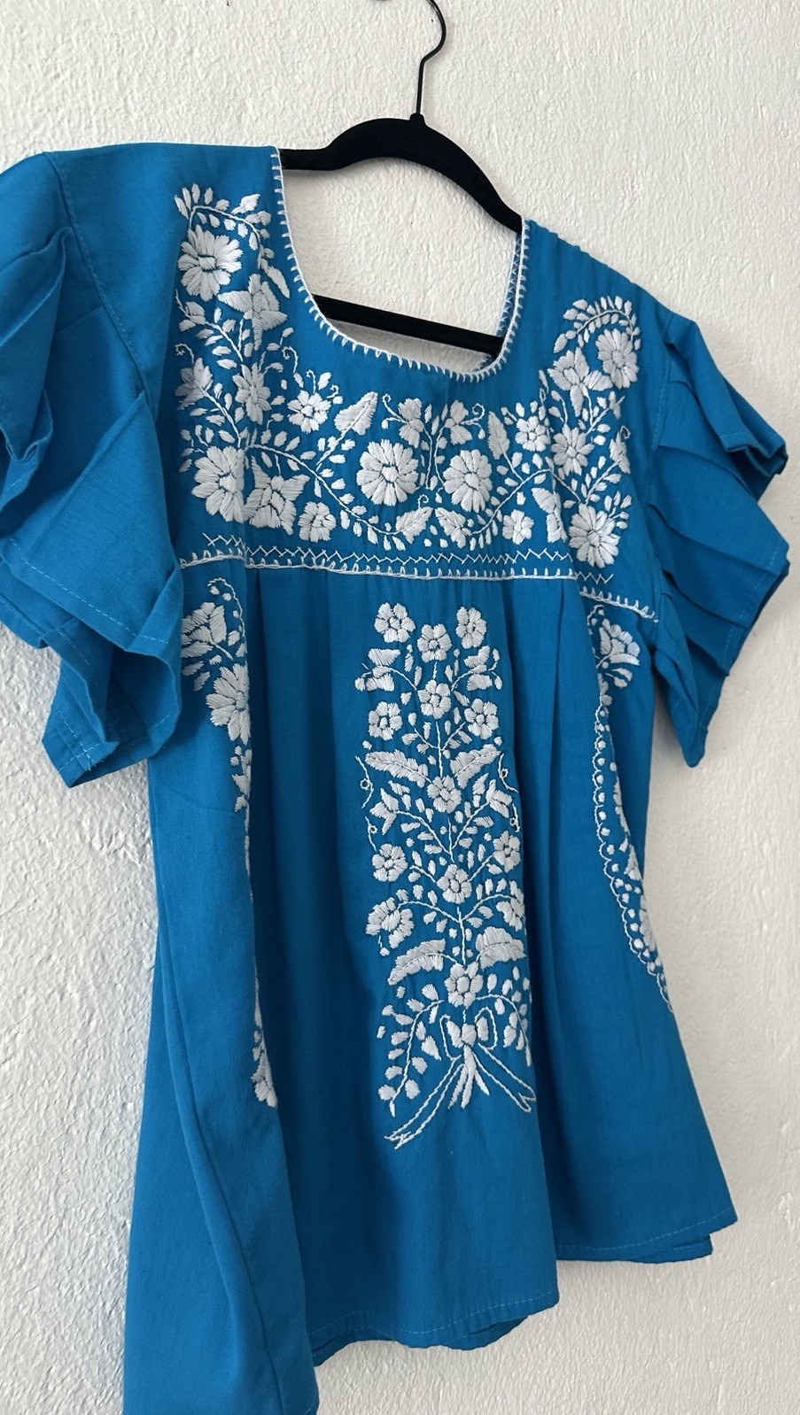 Hand Embroidered Mexican Blouse Blue Huipil Tunic Shirt Oaxaca Boho Folk Top