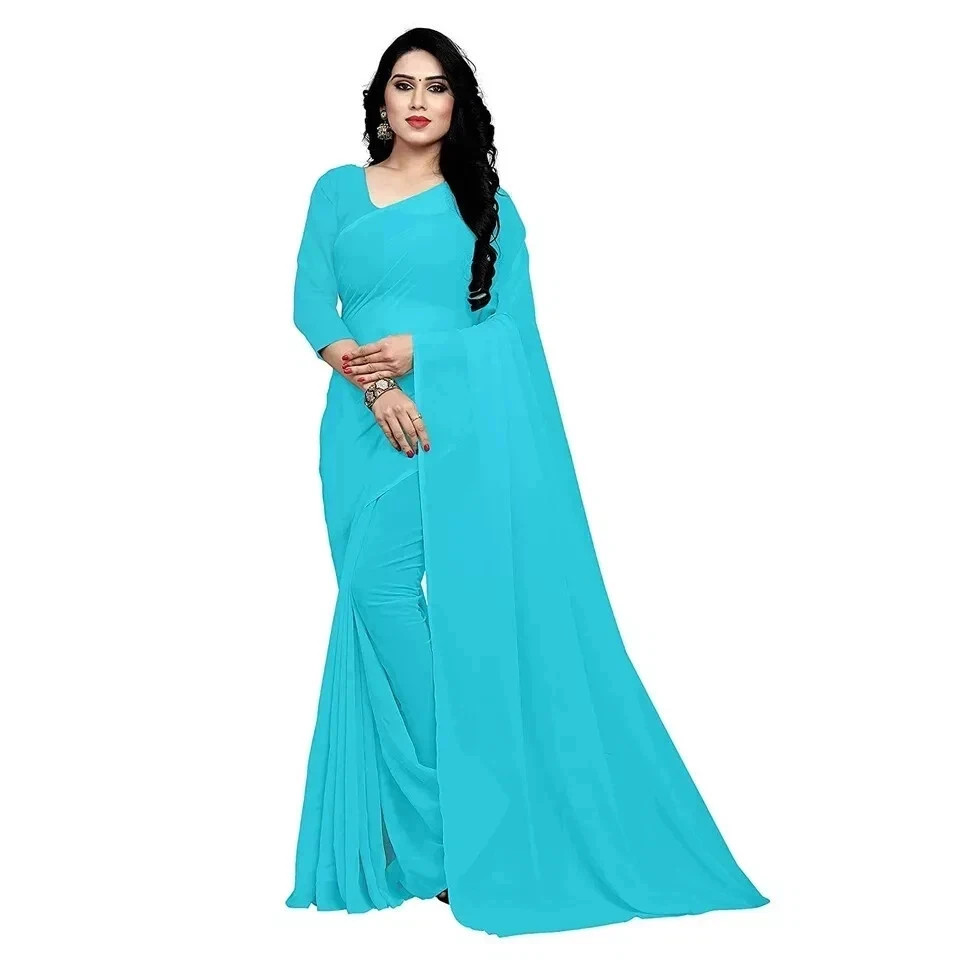 Women’s Georgette Saree & Unstiched Blouse Piece Sky Blue Casual & Formal 1 Pcs