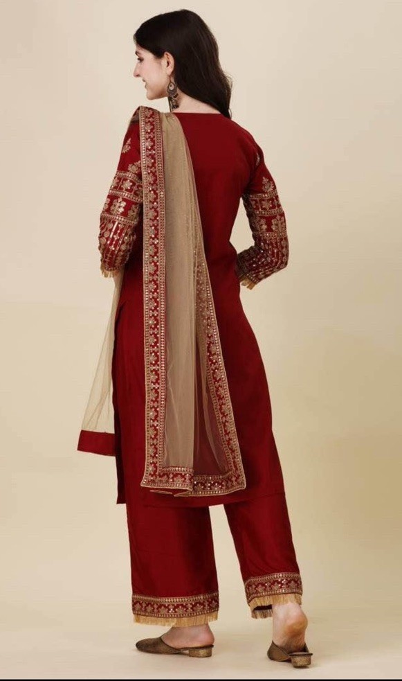 Embroidered Maroon Chiffon stitched Party Wear Shirt Trousers Dupatta Medium
