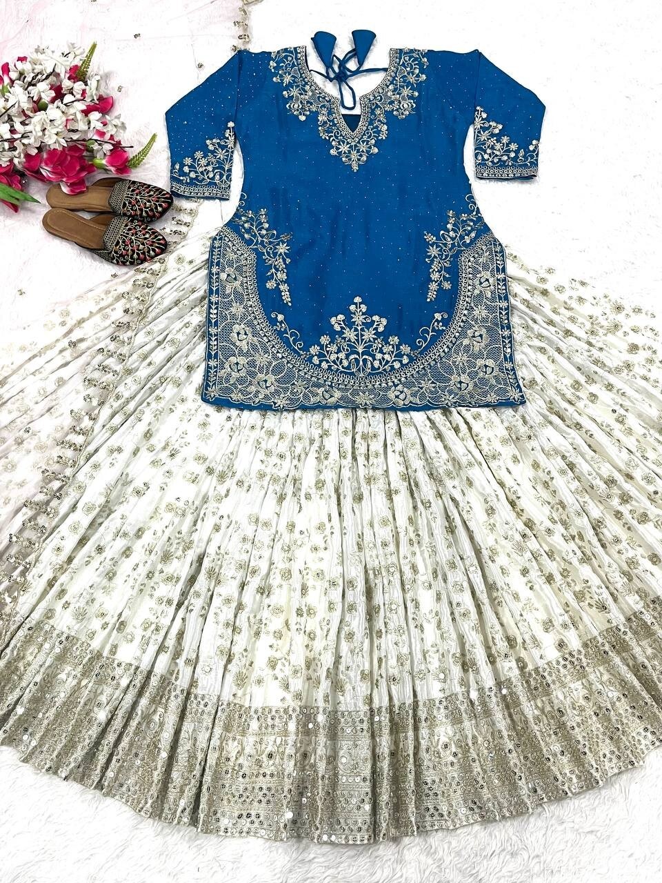 New Launch Blue Chinnon Silk Top Lehenga With Dupatta For Indian Wedding Wear
