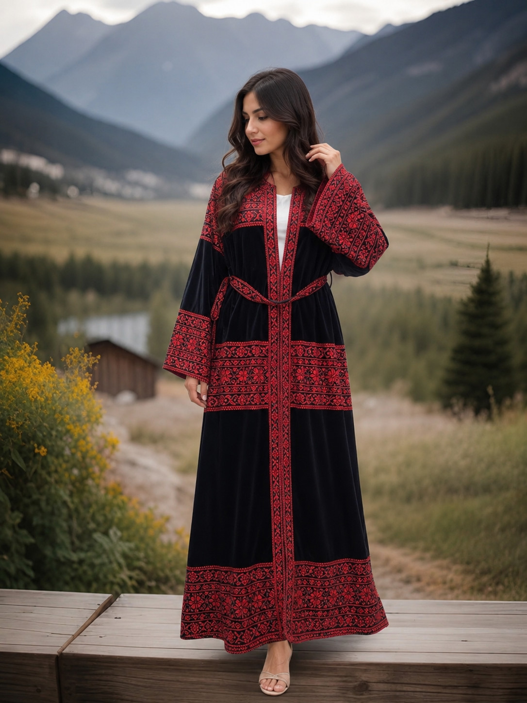 Vintage Palestinian Velvet Thobe Dress Black Red Embroidery Maxi Size M