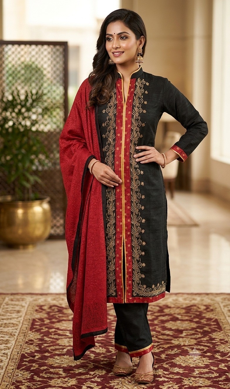 Women Black Red Embroidered Kurta Set 3PC Salwar Kameez Dupatta Party Dress