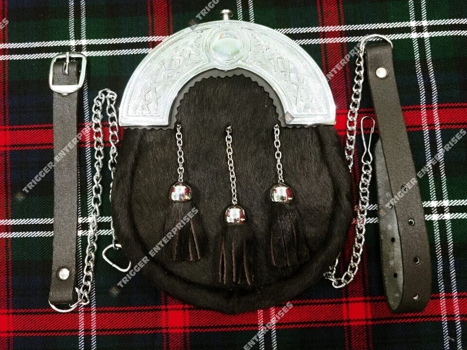 Handmade Black Calf Skin Leather Sporran with Brass Cantle and Tessles