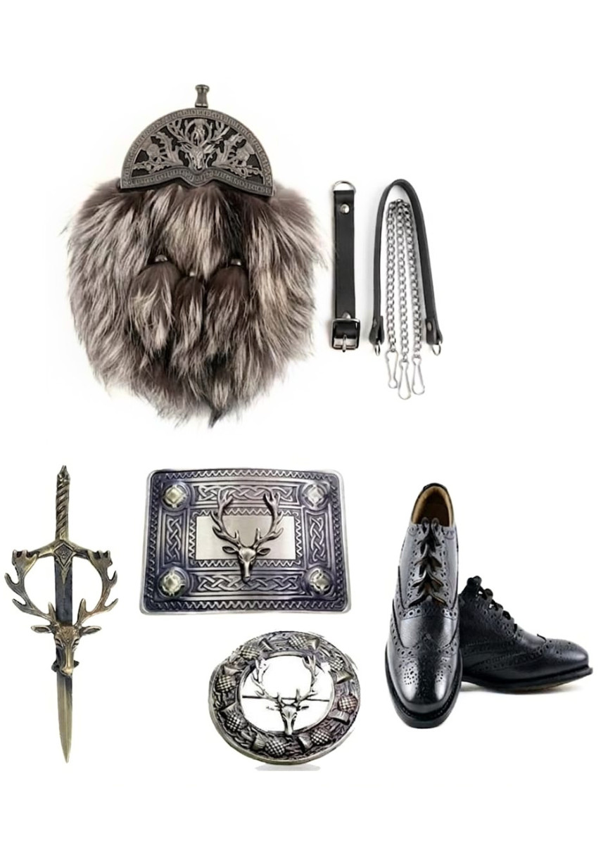 Scottish Blue Frost Fox Fur Sporran Antique Silver Stag Cantle Ghillie Brogues