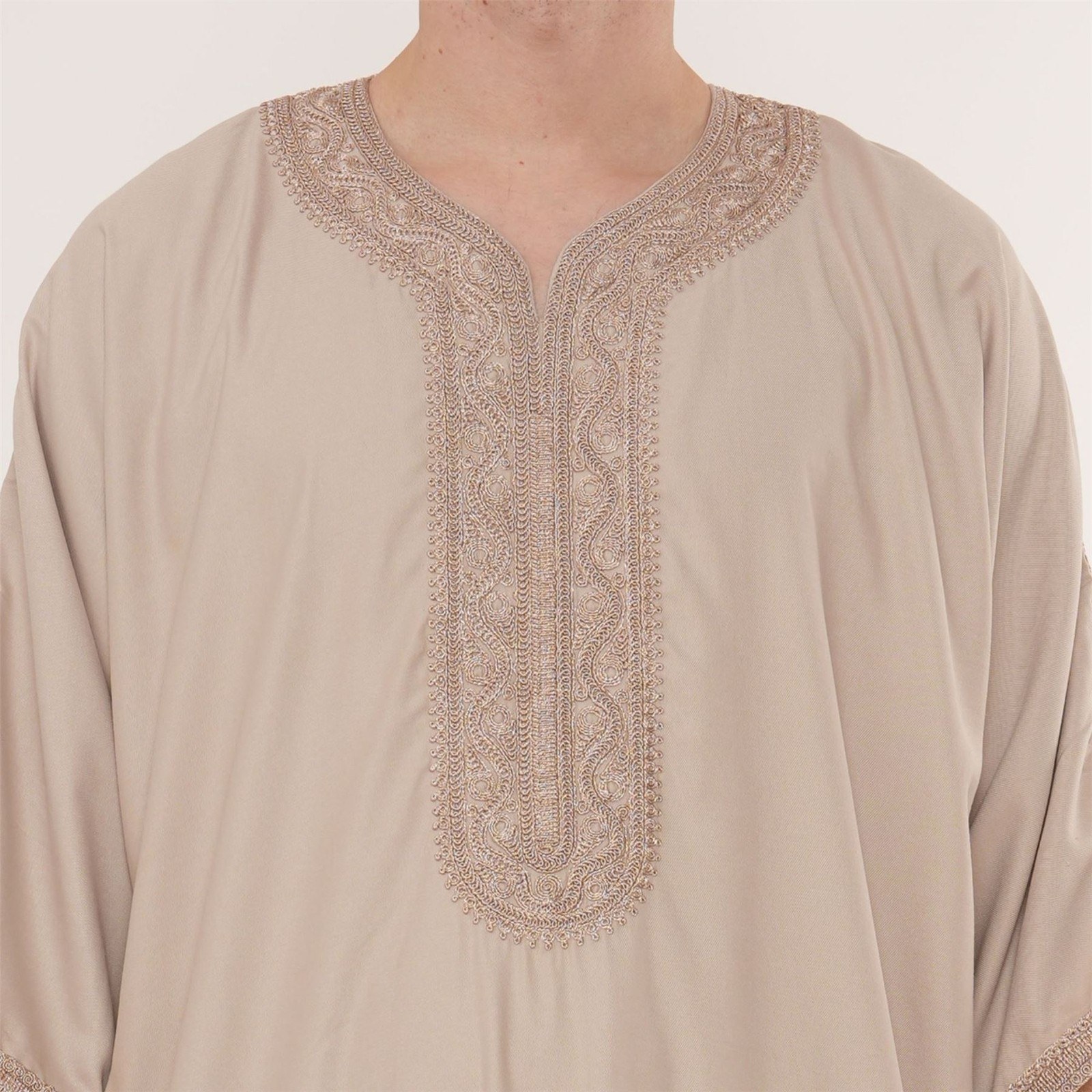 Men’s Salmon Moroccan Thobe Half Sleeve Embroidery Kaftan Eid Ramadan