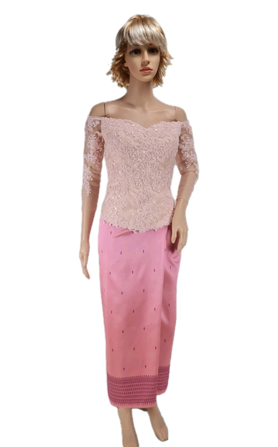 Cambodia Khmer Women Size L Pink Floral Lace Top Boat Neck Khmer Skirt