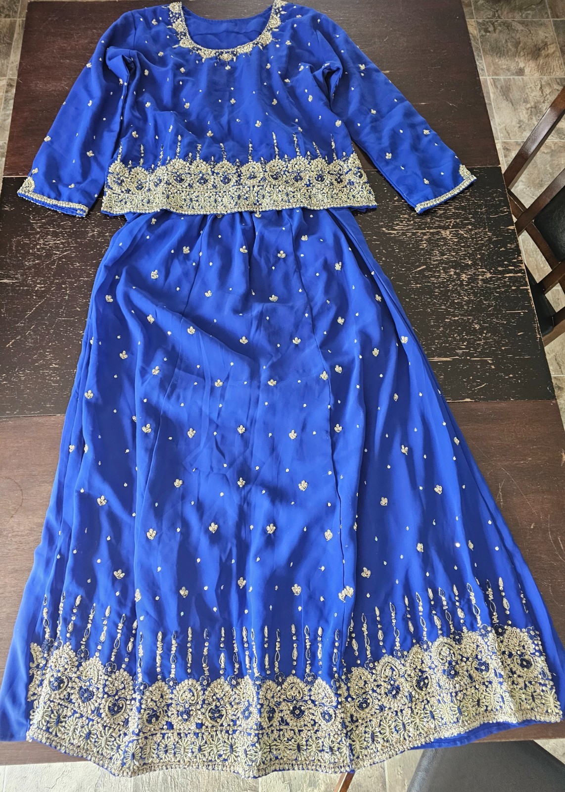 Royal Blue Indo-Western Gown with Intricate Embroidery, Handmade from India
