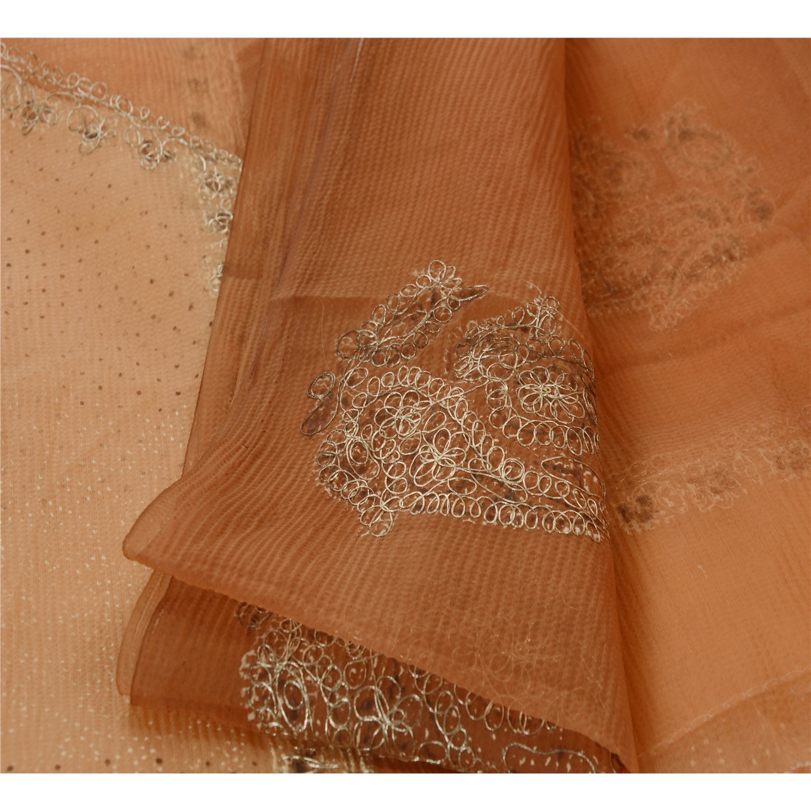 Sanskriti Vintage Sarees Organza Silk Hand Bead Painted Peach Fabric Indian Sari