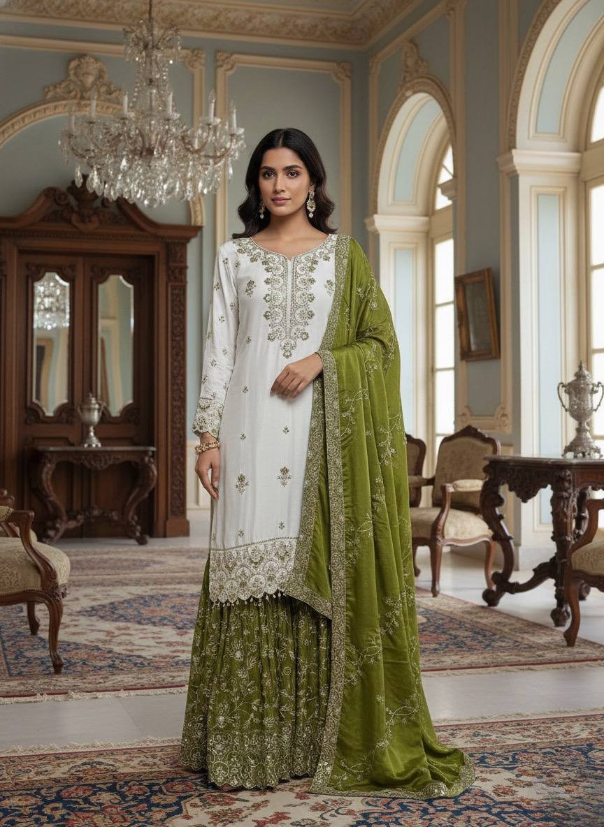 New Designer Heavy Chinnon Silk Kurta Palazzo With Dupatta For Women