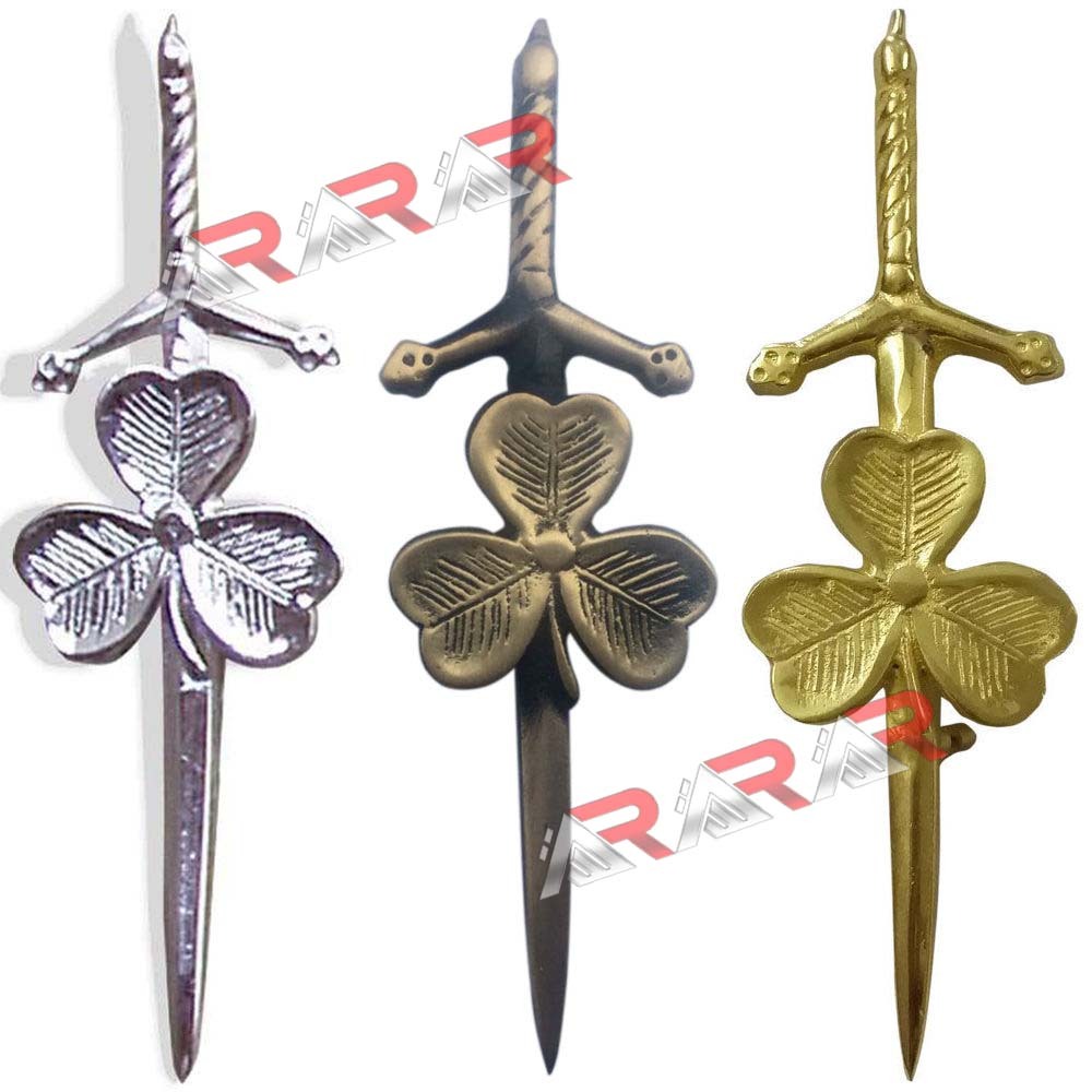 AAR New Shamrock Irish Kilt Pin 4″ Antique Chrome Gold Finish Scottish Kilt Pin