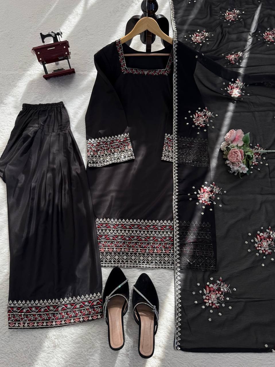 Stunning Black Crepe Silk Farshi Salwar Kameez With Dupatta For Party Wear