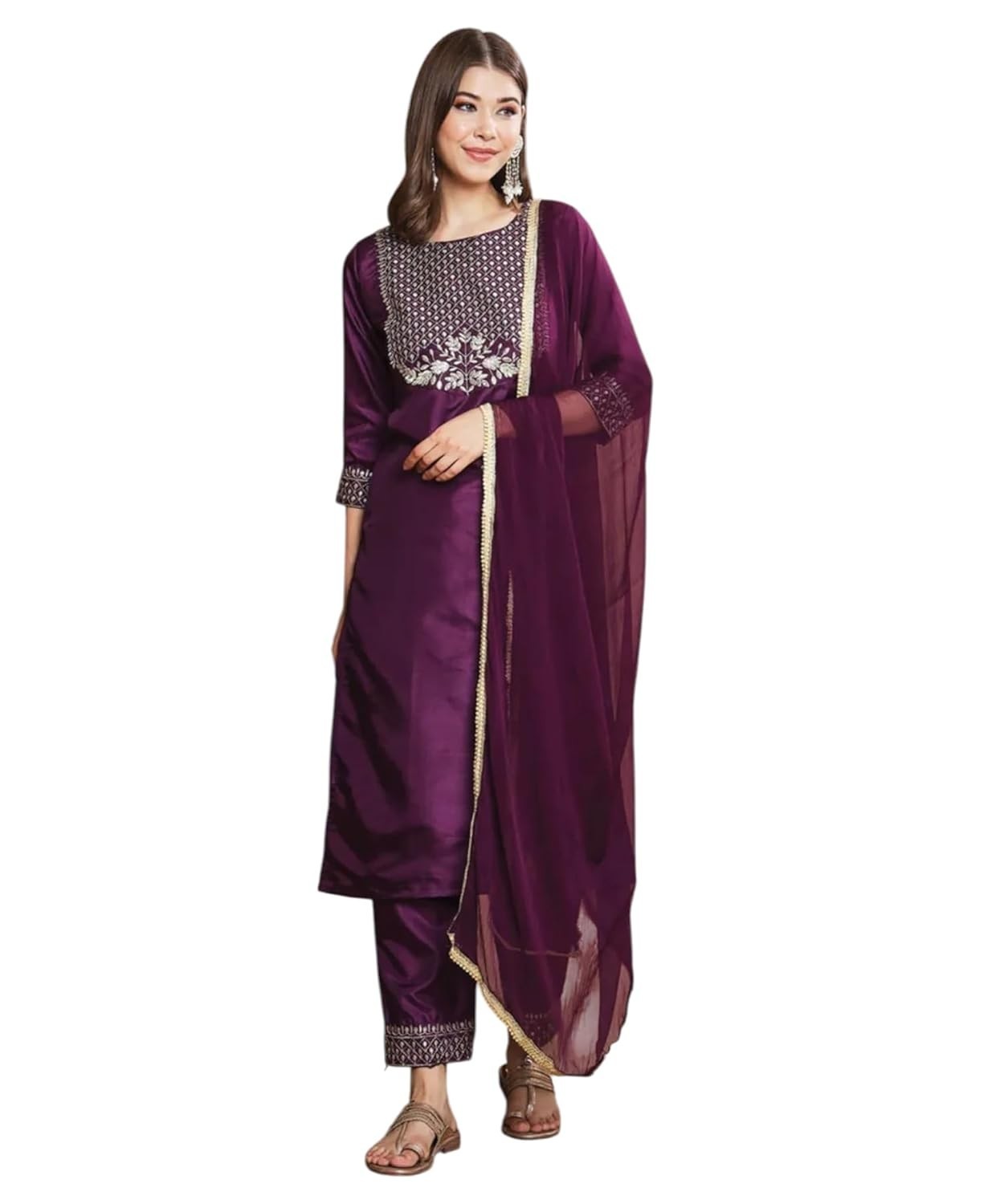 Women’s Silk Blend Embroidered Kurti Set with Bottom and Chiffon Dupatta