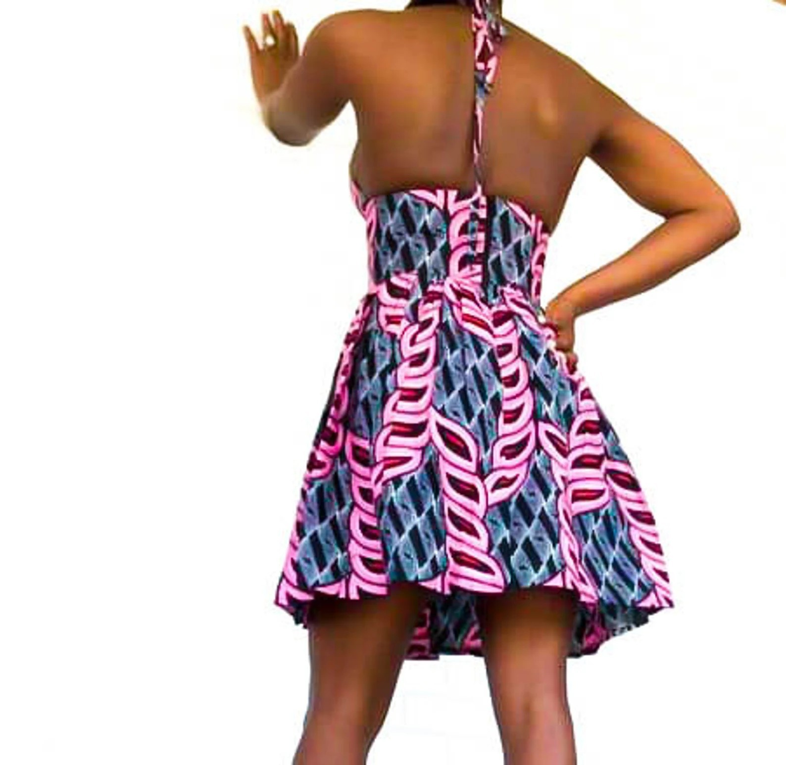 African Print Halter Tie Strap V-Neck High Waist – Backless Women Mini Dress