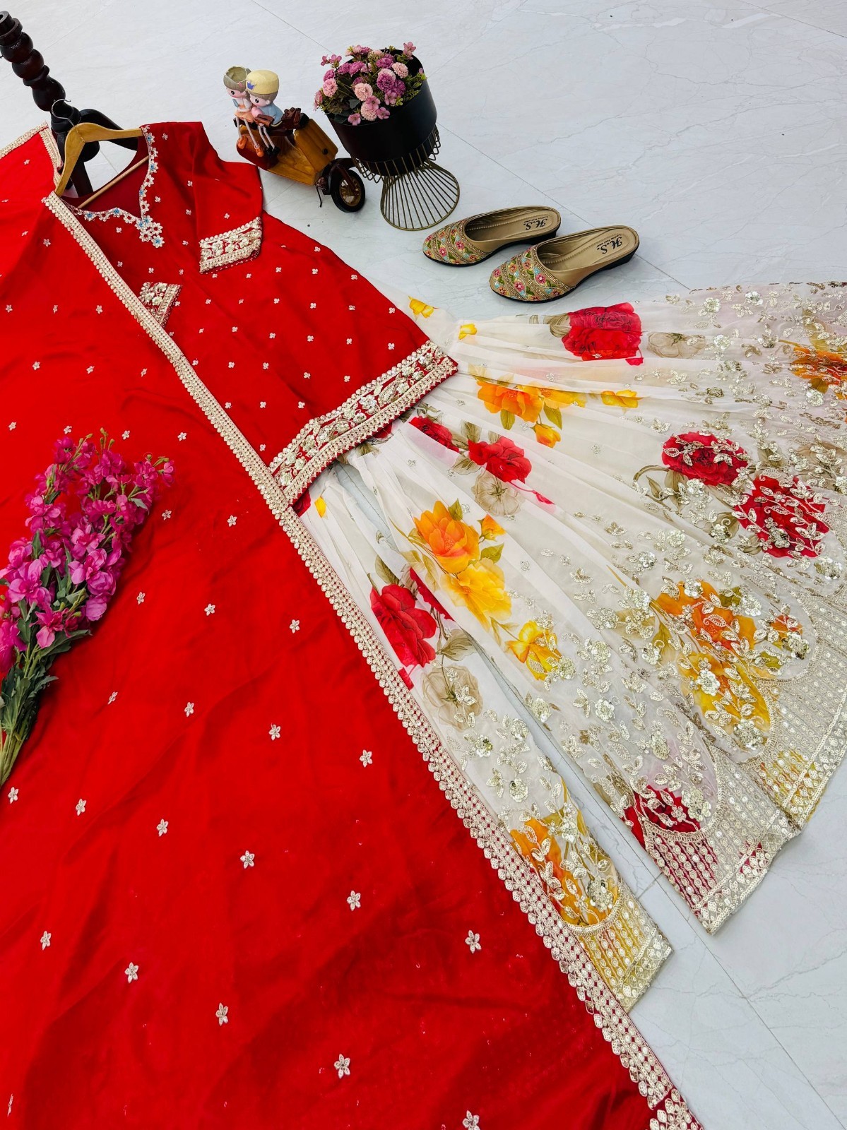 Attractive Look Red Chinnon Silk Kurta Palazzo With Dupatta for Function