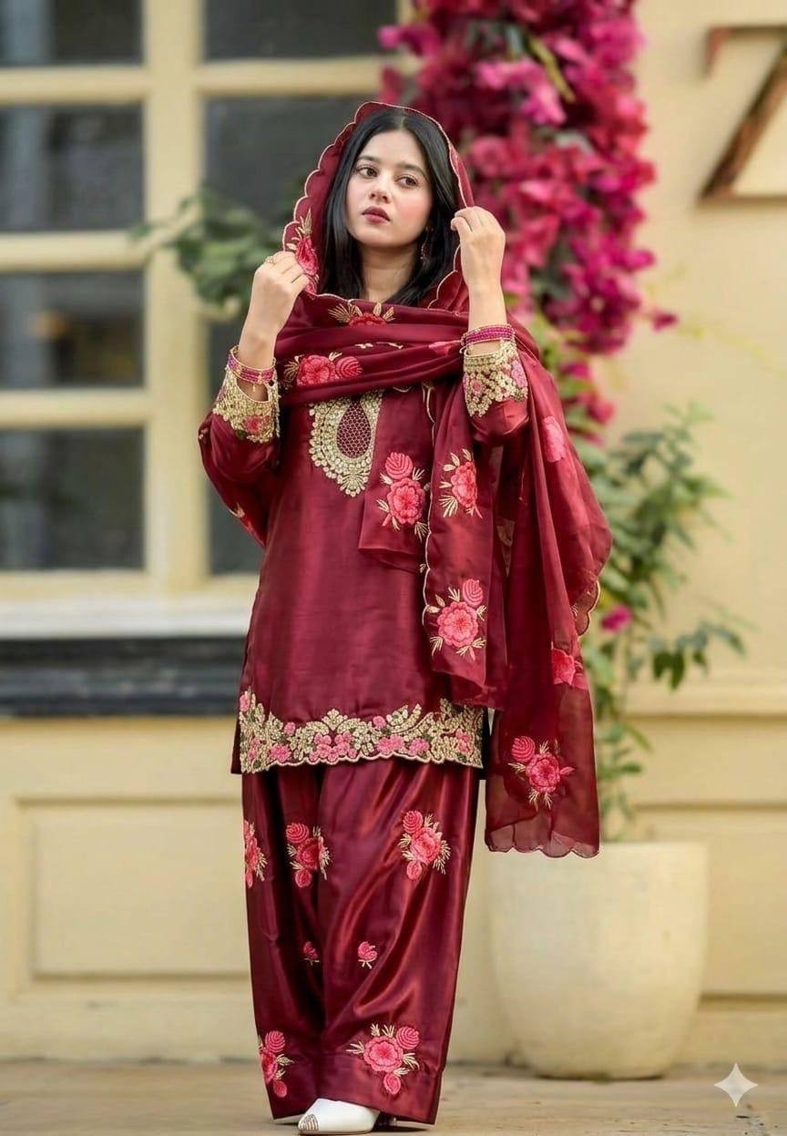 Heavy Japan Satin Wine Top Bottom With Dupatta For Function & Party Wear
