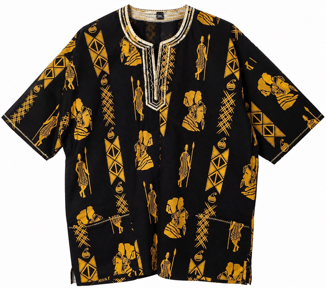 Vintage African Dashiki Tunic Shirt 3XL Black Gold Tribal Boho Festival G#4