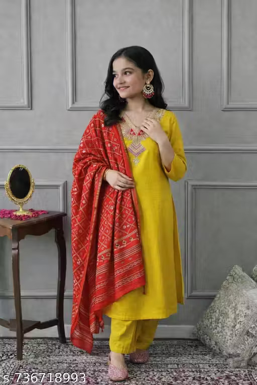 Traditional Kids Girl Kurta With Dupatta Set For festivals and daily wear
