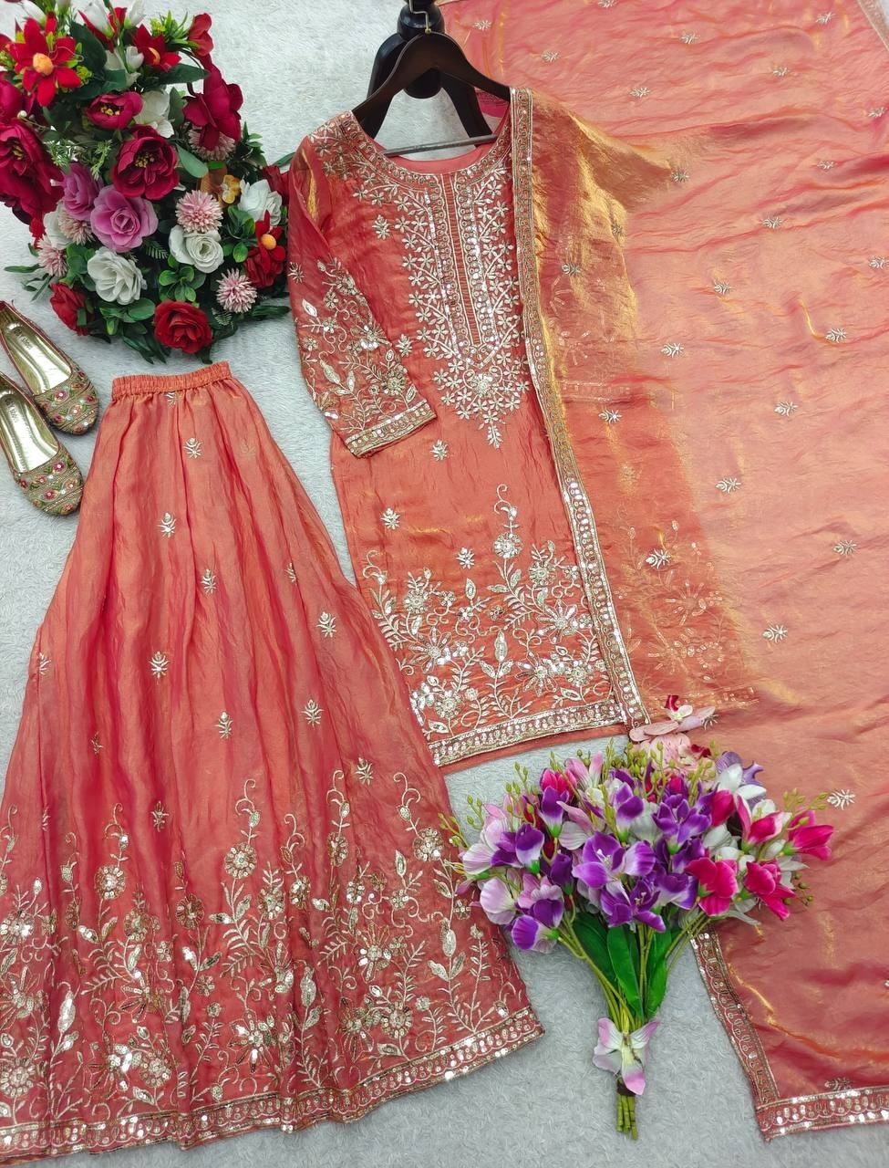 Trending Designer Silk Kurta Palazzo With Dupatta For Wedding & Party
