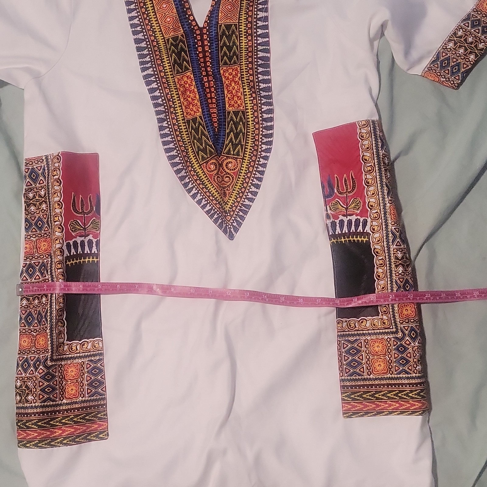 White Dashiki Tunic Top, One Size, Cotton Blend, Multicolor Trim, Pockets