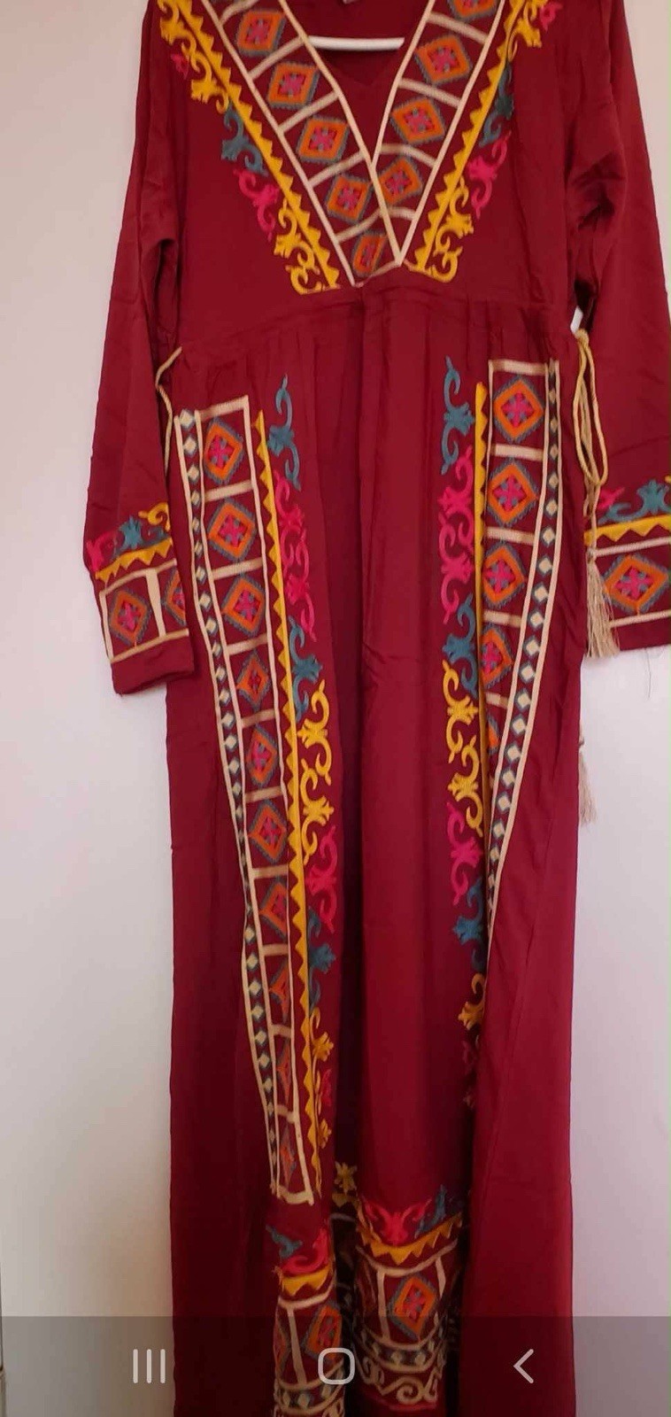 Traditional Embroidered Kaftan Dress Set, Red with Yellow Blue Pink Accents