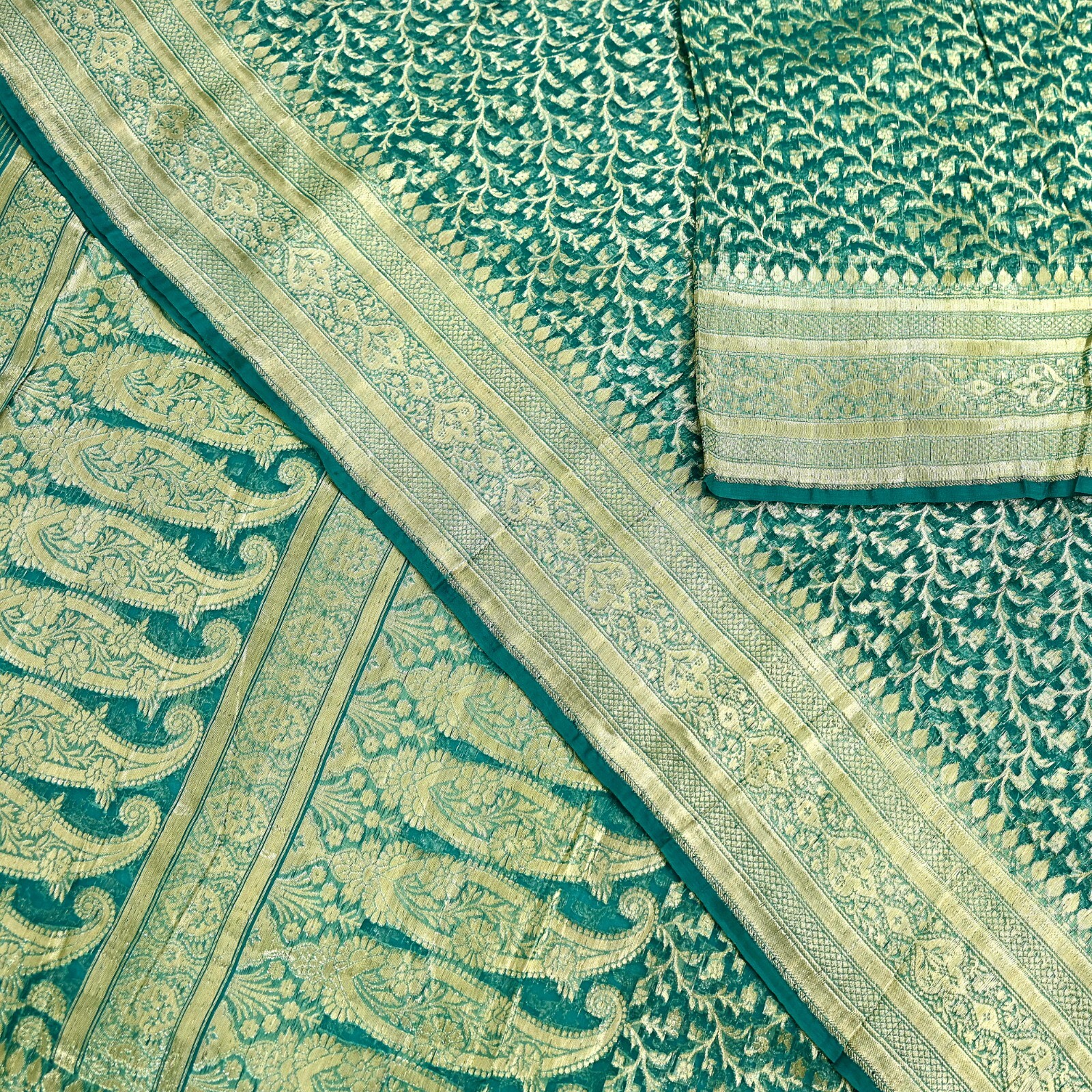 Vintage Sari Heavy Green Pure Organza Silk Woven Brocade Banarasi Saree Zari 5Yd
