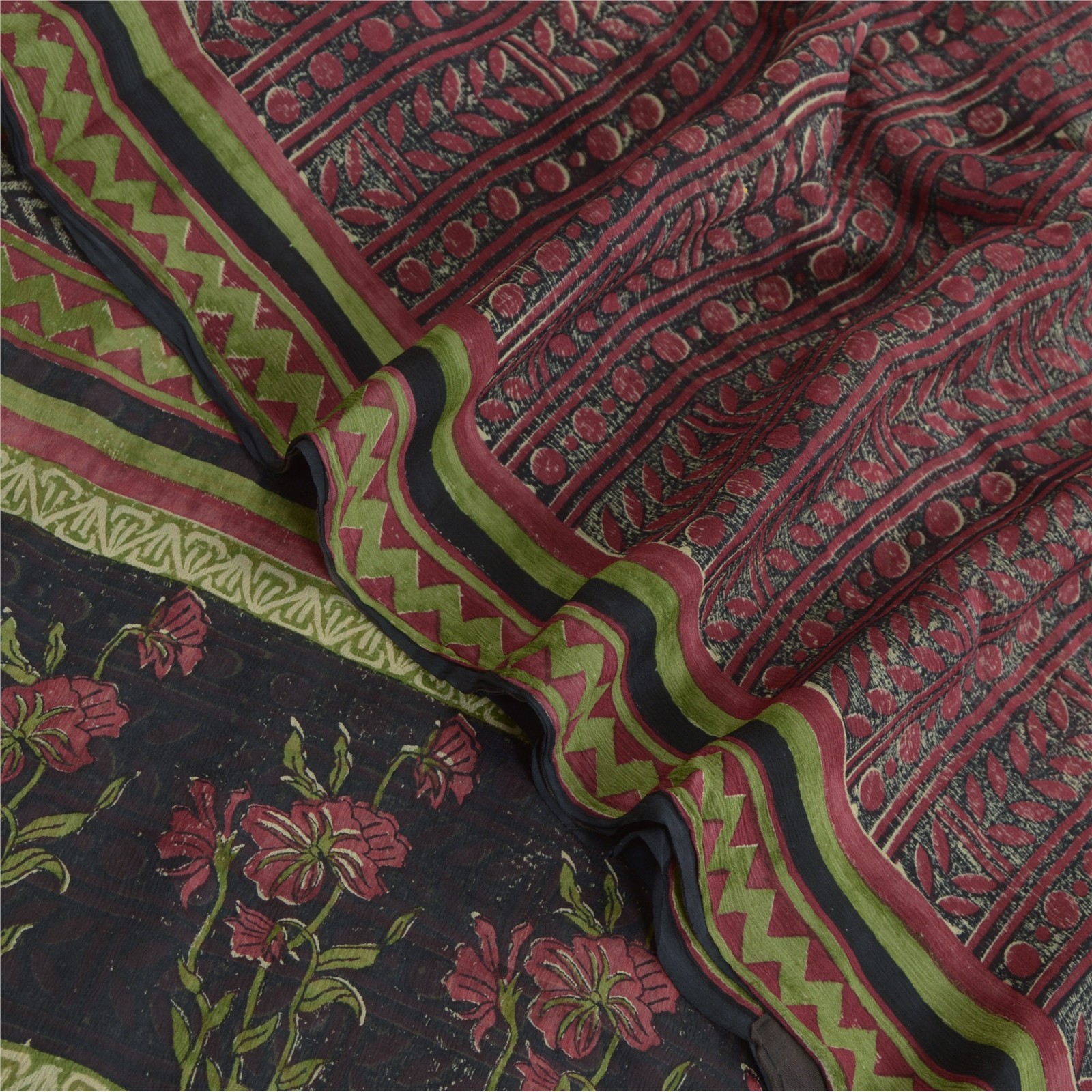 Sanskriti Vintage Purple Sarees 100% Pure Chiffon Silk Printed Sari Craft Fabric