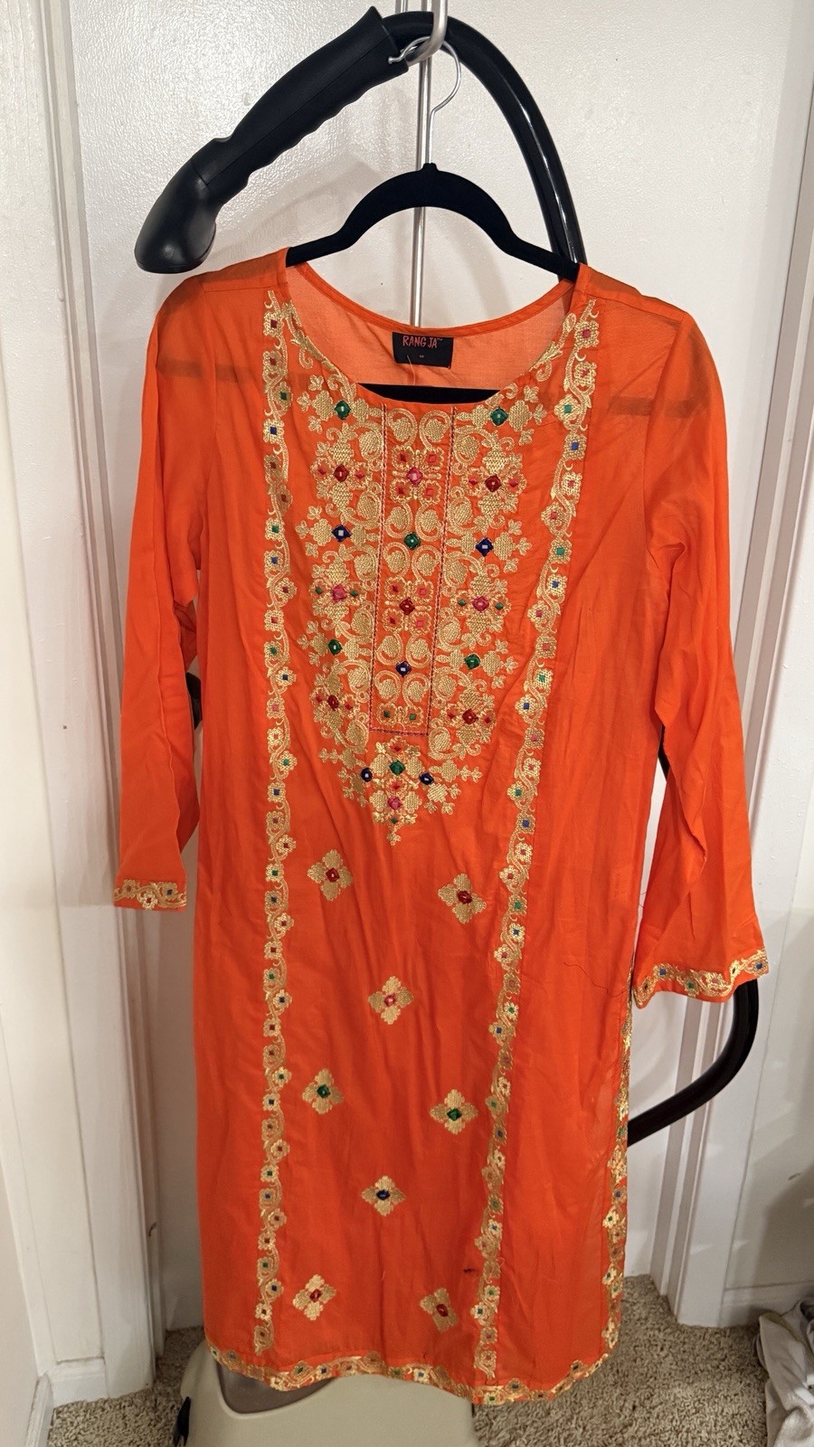 Rang Ja orange pakistani kurti shirt with limelight tights free size (2pc)