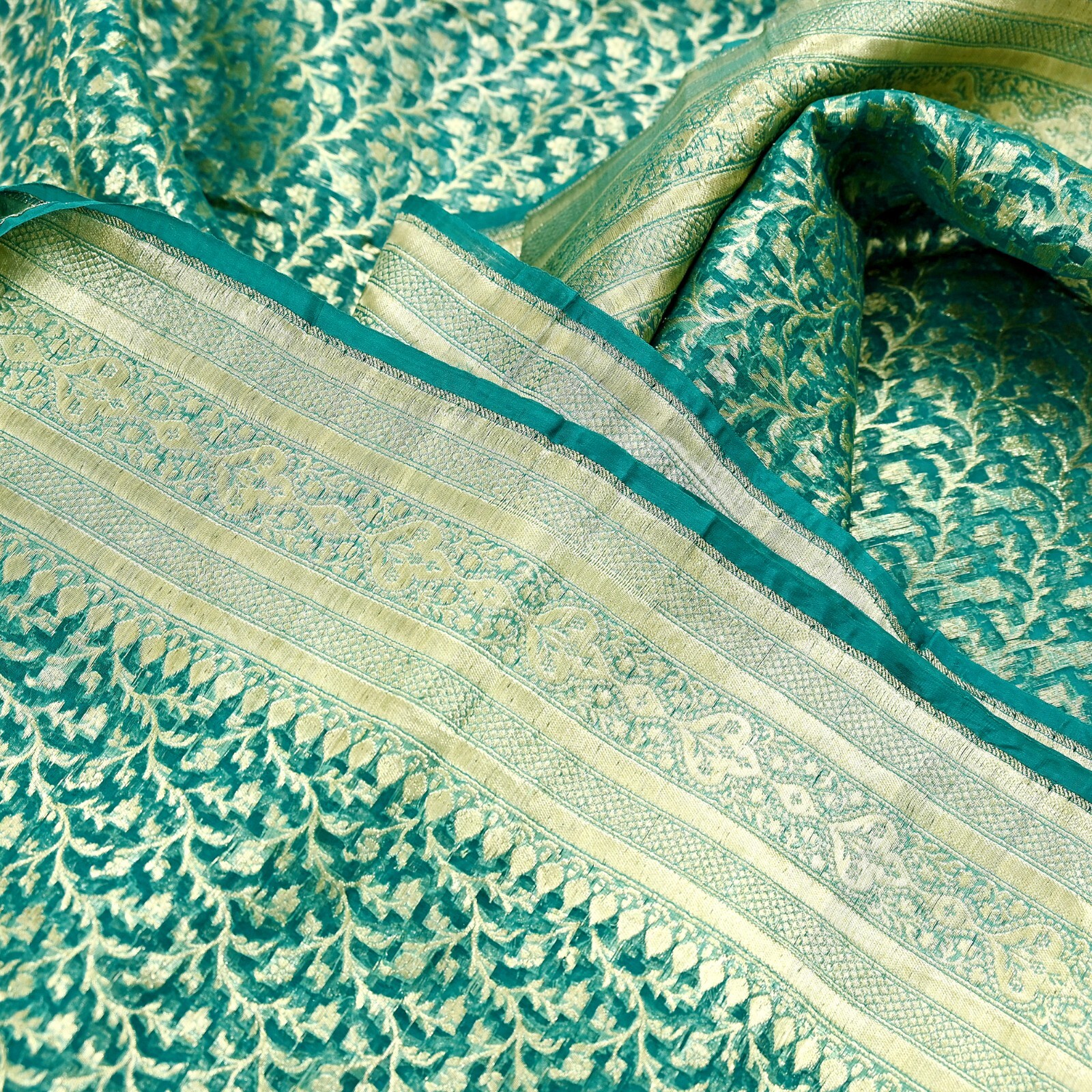 Vintage Sari Heavy Green Pure Organza Silk Woven Brocade Banarasi Saree Zari 5Yd