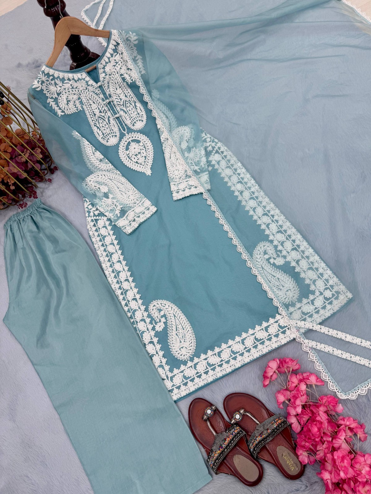Organza Silk Sky Blue Kurta Palazzo With Dupatta For Indian Ethnic Wear