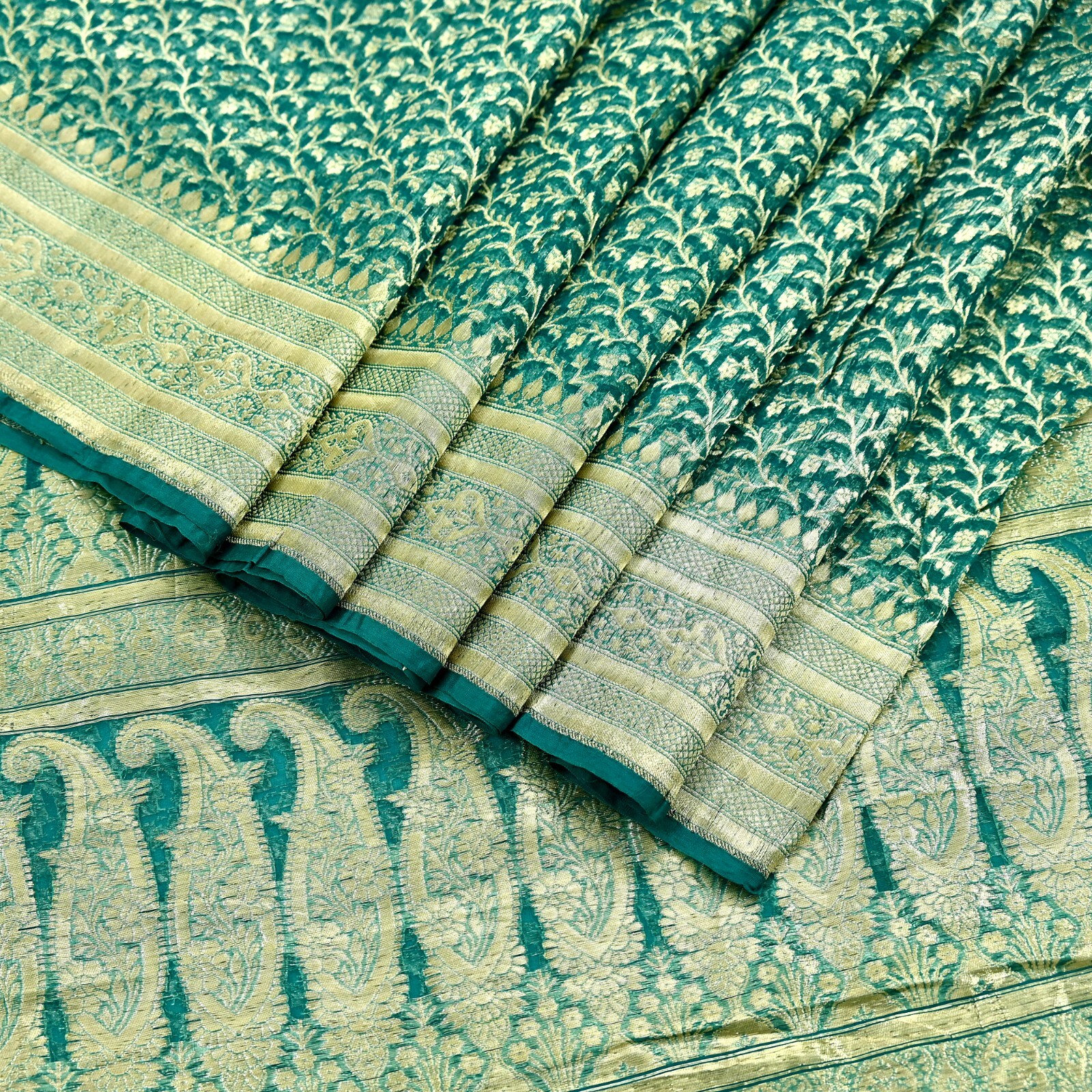 Vintage Sari Heavy Green Pure Organza Silk Woven Brocade Banarasi Saree Zari 5Yd