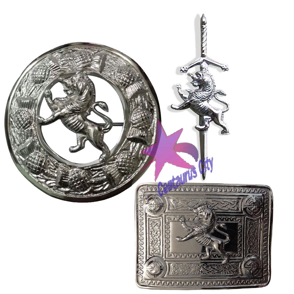 CC Kilt Pin Belt Buckle & Fly Plaid Brooch Lion Rampant Badge Set Chrome Finish