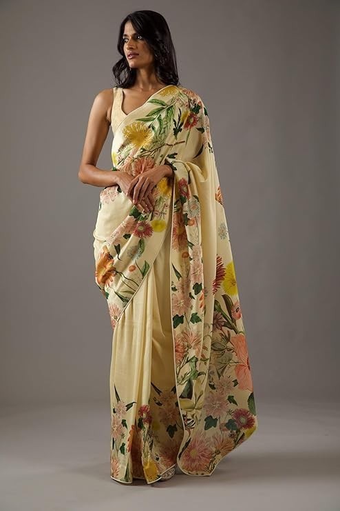 Women’s Farewell Floral Print Sarees With Lace Border & Unstitched Blouse Piece