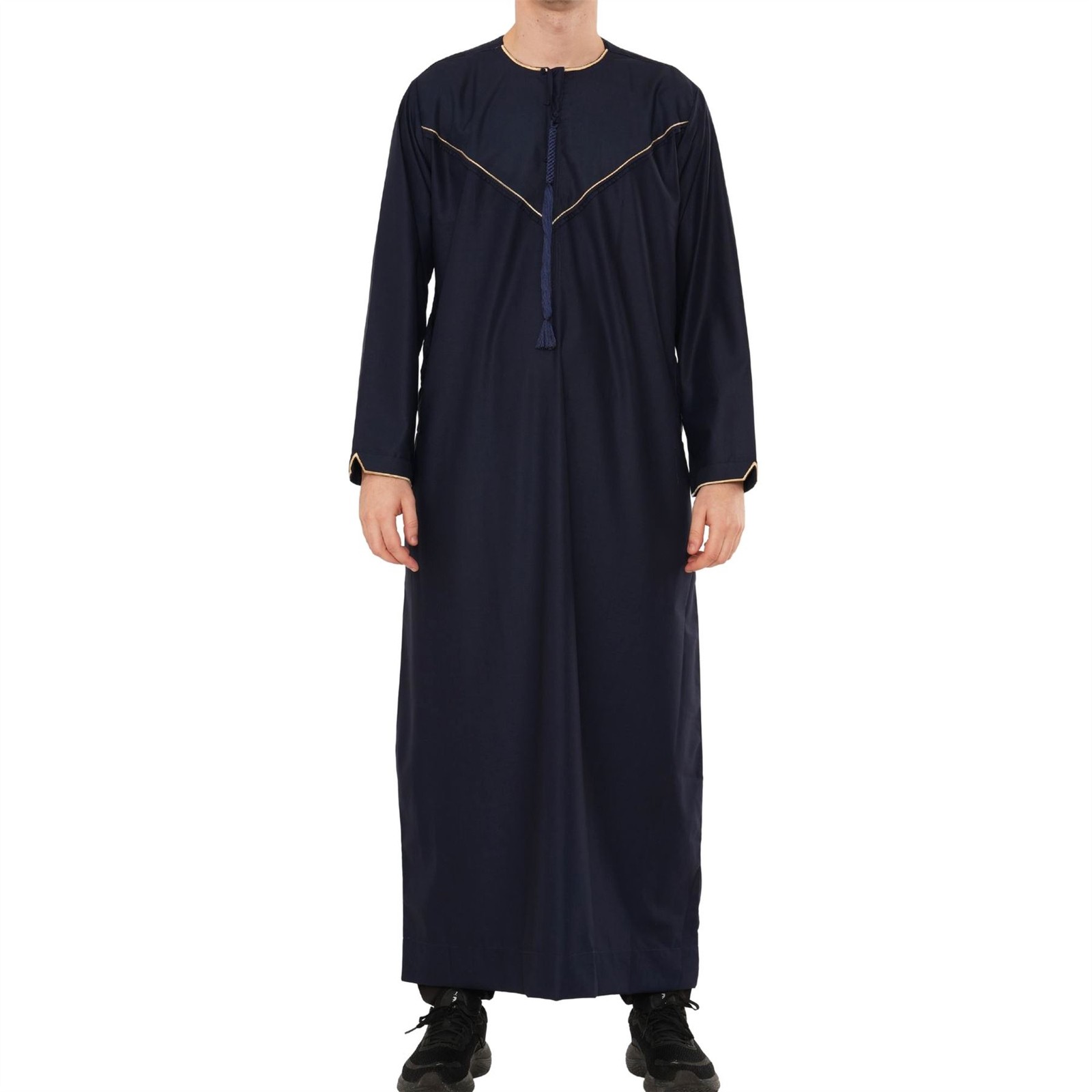 Men’s Navy Thobe Emirati Omani Jubba Islamic Clothing Muslim Eid Arab Embroidery