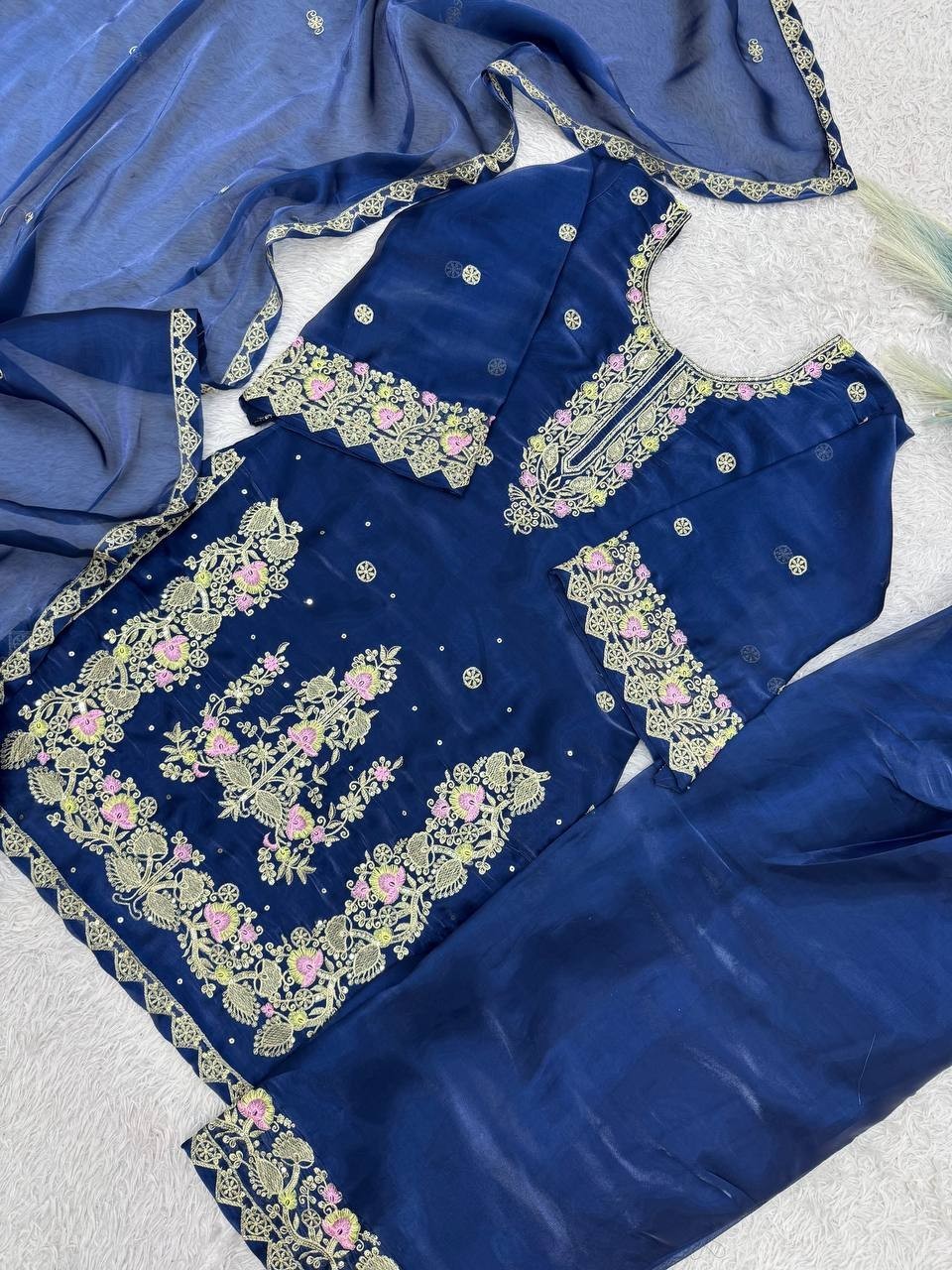 New Presenting Pure Silk Blue Top Bottom With Dupatta For Wedding & Party Wear
