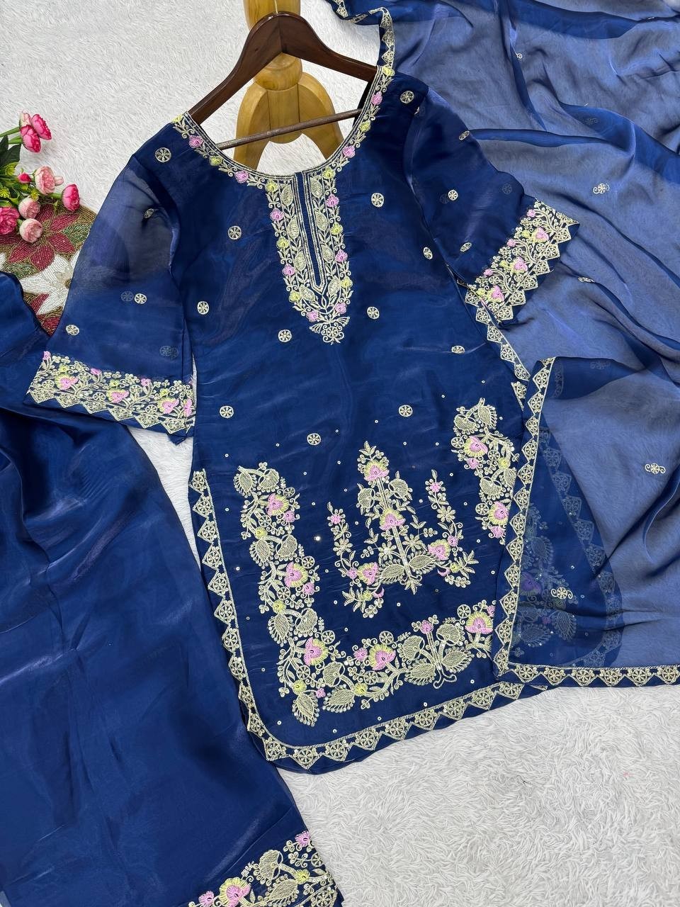 New Presenting Pure Silk Blue Top Bottom With Dupatta For Wedding & Party Wear