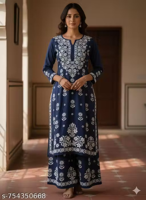 Women’s Chikankari Rayon Kurta Palazzo Set Blue Ethnic Wear Plus Size XL-8XL