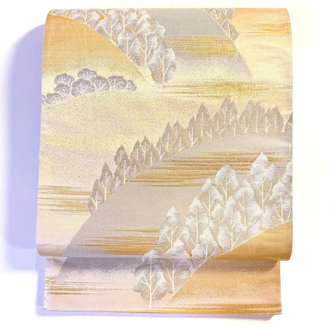 Japanese Silk Fukuro Obi Pure 24K Gold Foil Silver White 425cm