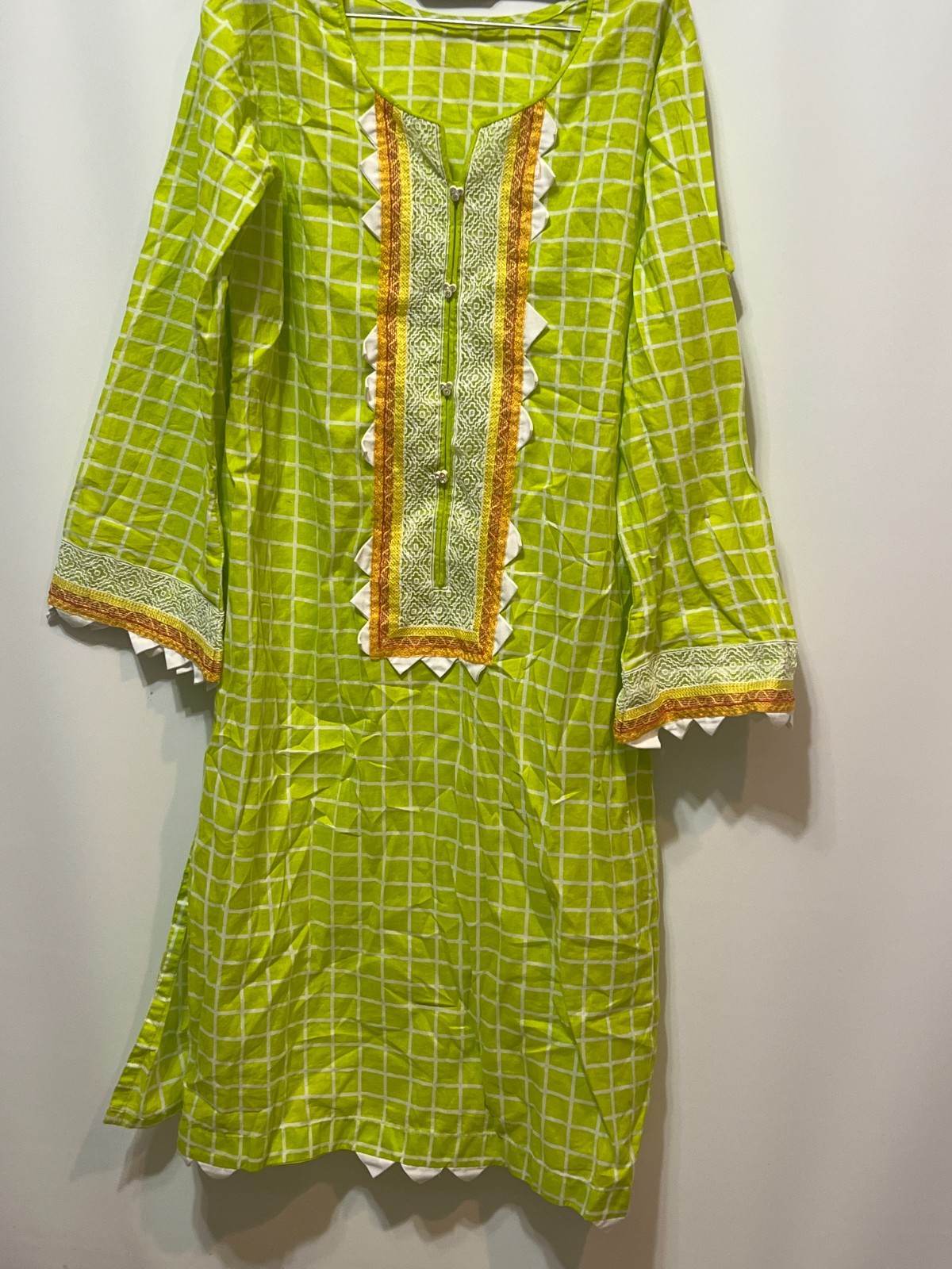 Green Checkered Kurti Tunic Top Embroidered Front 3/4 Sleeve Lightweight