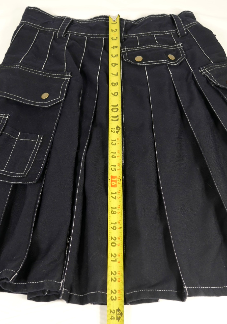 Black Utility Kilt Cargo Pockets White Stitching Snaps 100% Cotton Adult Size 30