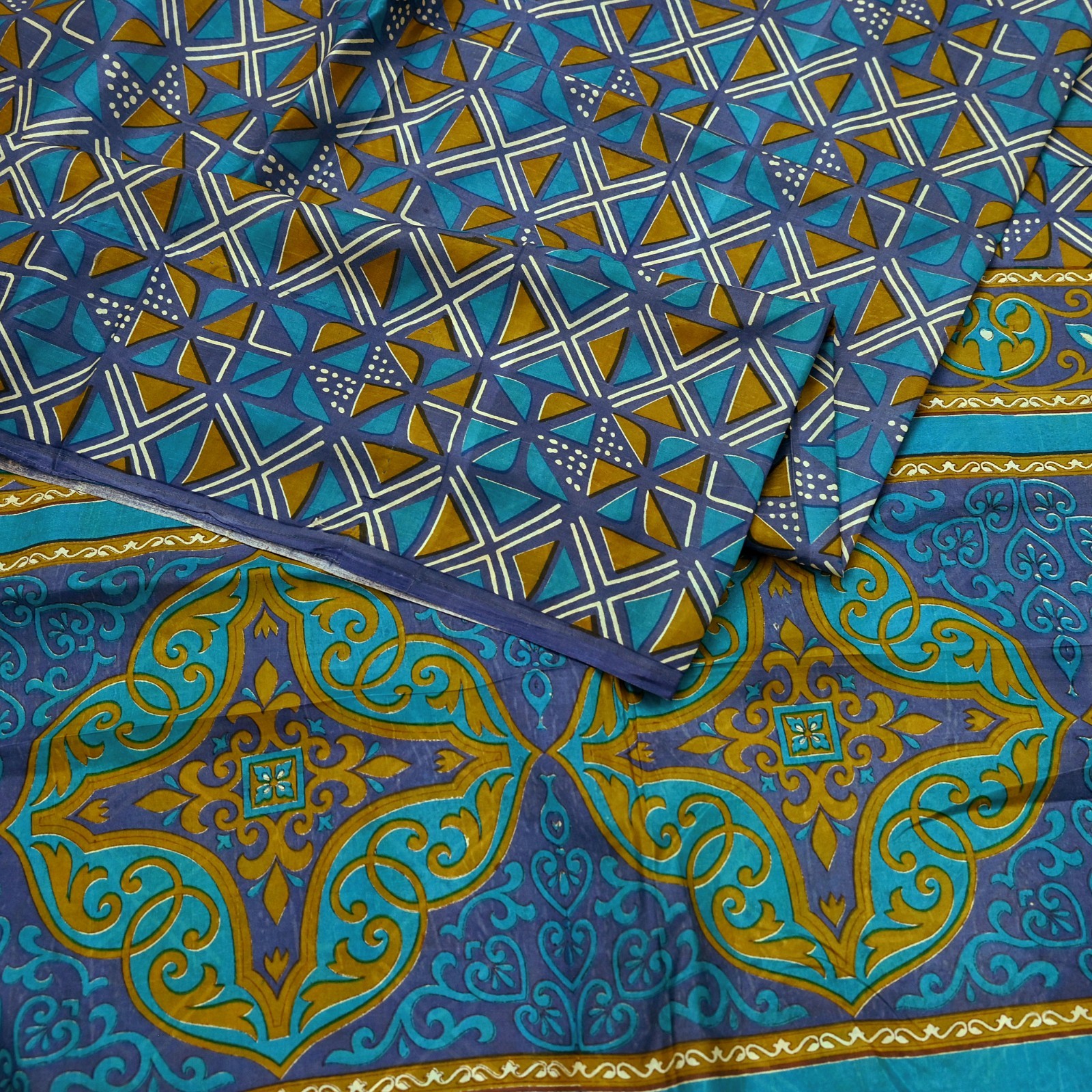 Vintage Sari Green & Gray Pure Silk Printed Sarees Fabric 5yd Sewing Dressmaking