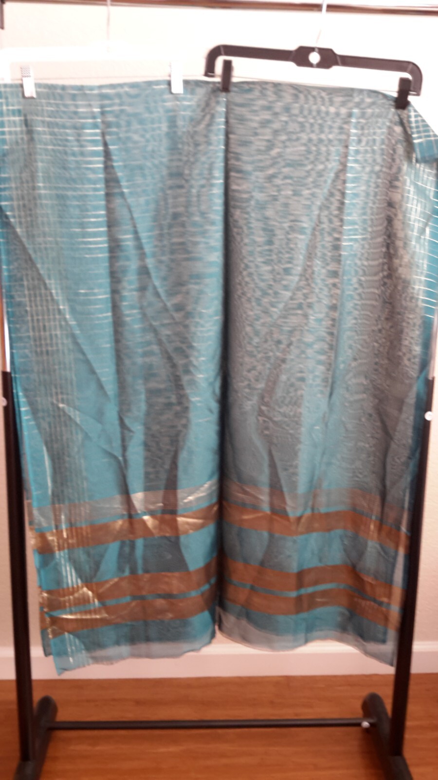 Women Pakistani Indian Dupatta Blue/Gold Scarf Striped 31″x80″ EUC
