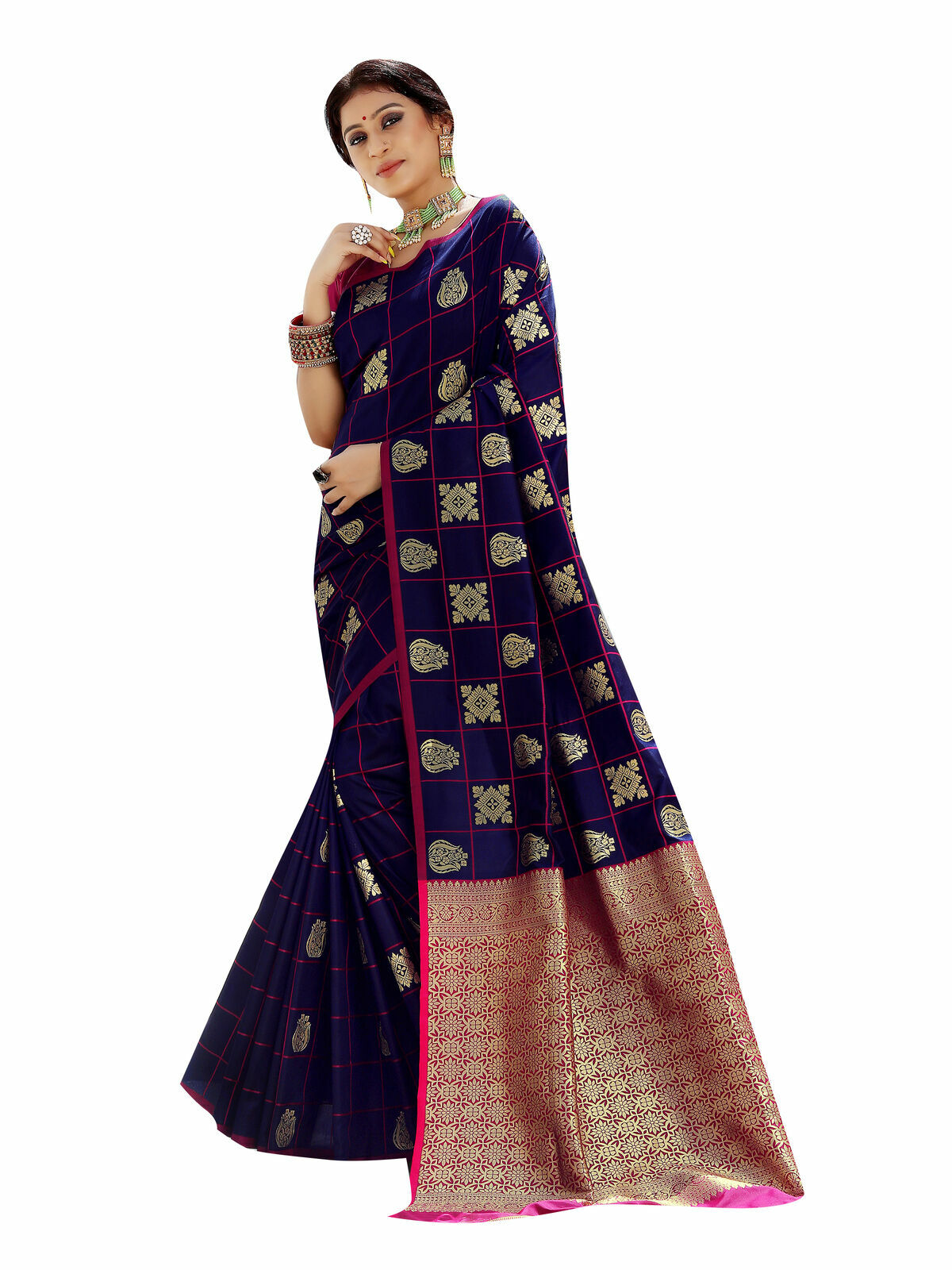 Indian Saree & Blouse Sari Bollywood Navy Blue Woven Banarasi Art Silk -4424