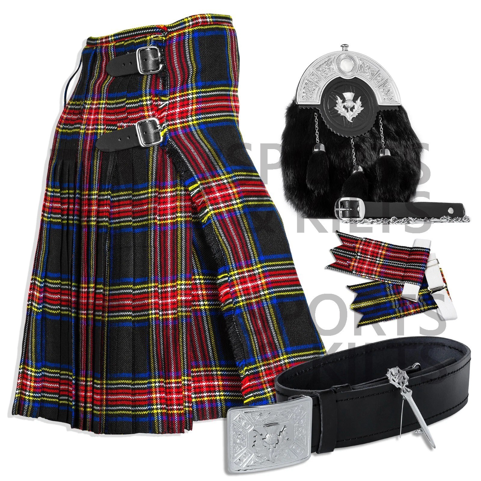 Scottish Men’s Outfit Black Stewart Tartan Kilt Set – 09 Pieces Kilt Accessories