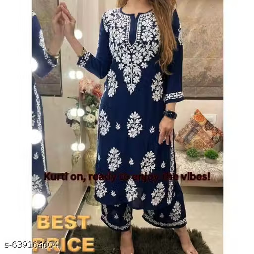 Plus Size Rayon Chikankari Kurti Palazzo Set Women’s Indian Ethnic Outfit M-8 XL