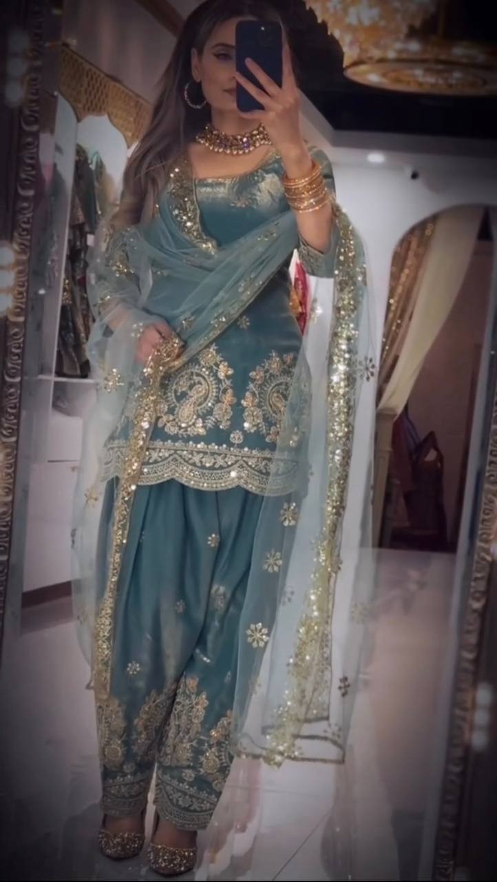 Stylish Look Heavy Crushi Silk Teal Blue Top Bottom With Dupatta For Women Wear